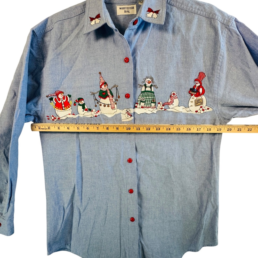 Vtg Christmas Snowman Shirt Chambray Denim Holiday Button Down Top S Festive - Picture 4 of 11